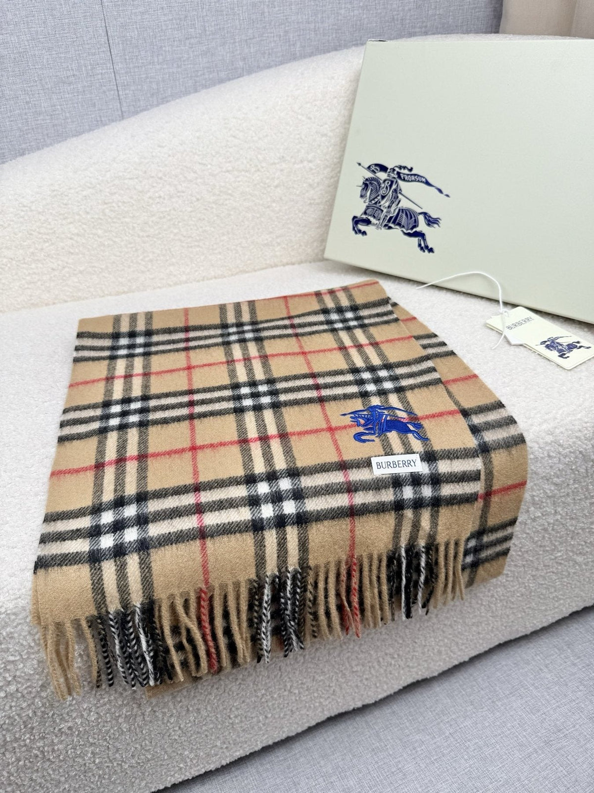 Burberry Beige Check Fringed Scarf